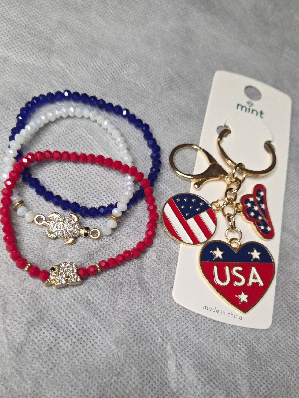 Patriotic Red White Blue Beaded Bracelet Set and Bag Charm